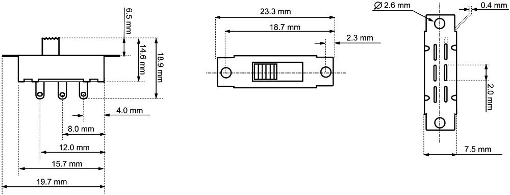 Pārslēdzējs slīdbīdņu DPDT, 0,5A/24VDC, ON-ON, 23.3x7.5x8.1mm, L=4mm, divi kontakti uz divam stāvoklim