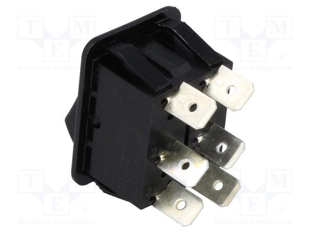 Taustiņslēdzis DP3T, ON-OFF-ON, 16A/250VAC, 20A/28VDC, 25x32mm, (--O=) melnā krasa, ar fiksāciju