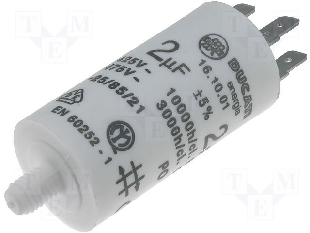 2.0/425VAC, ±5%, elektromotoru kondensators, klemes 6.3mm, 10000h, M8, Ø28x55mm