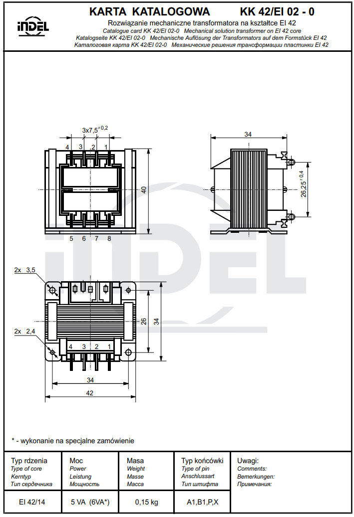 Transformators 220V=>2x7.5V, 2x260mA, 4VA, 42x34x34mm