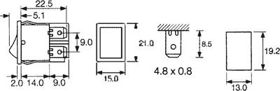 Taustiņslēdzis DPST, ON-OFF, 10A/250VAC, 10A/28VDC, 15x21mm, apgaism. neona lamp. zaļā, (--O), melnā krasa, ar fiksāciju