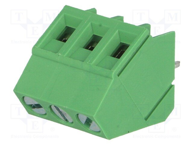 Terminal Blocks PCB, ar skrūvēm, 3pin, 5mm, 2.5mm2, 250V/24A, 15.5x13.3.x15mm, leņķisks, 45°
