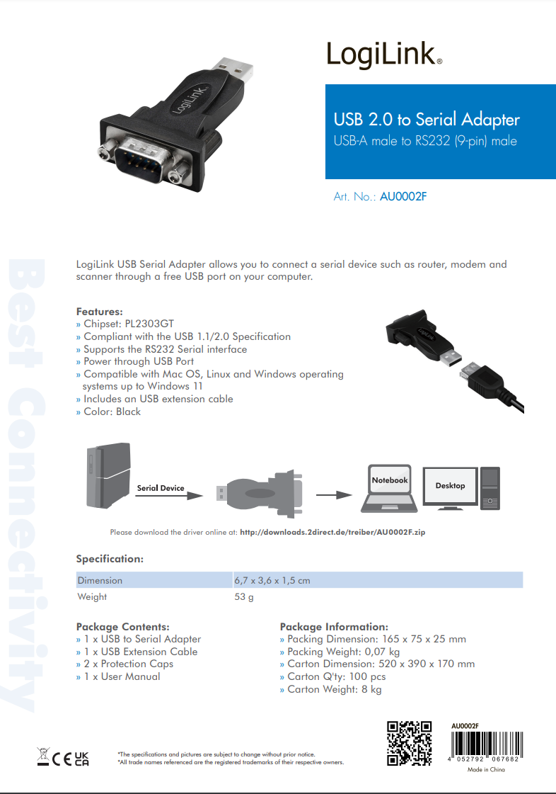 USB-A štekers/rs232 štekers, konverters, adapters+vads, 1.5m