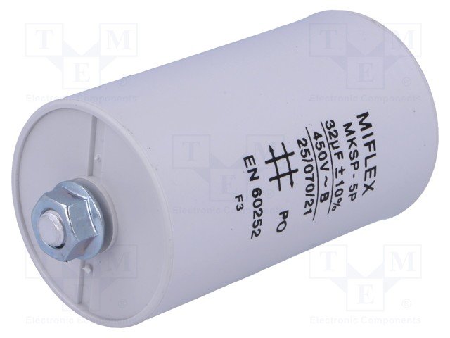 32/450VAC, ±10%, elektromotoru kondensators, klemes 6.3mm, 10000h, Ø50x119mm