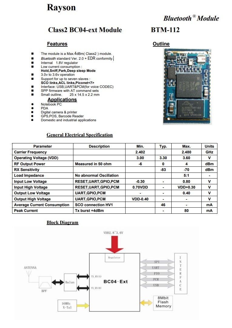 Modulis: Bluetooth, PCM, UART, USB, SMD, 2.0 EDR, 25x14.5x2.2mm