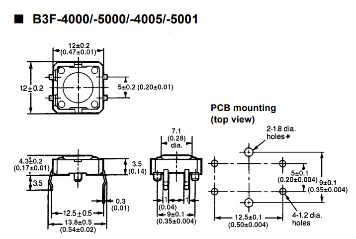 Mikroslēdzejs horizontāls, SPST-NO, OFF-(ON), 0.05A/24VDC, THT, 12x12x4mm, 1.27N, L=0.5mm, OMRON