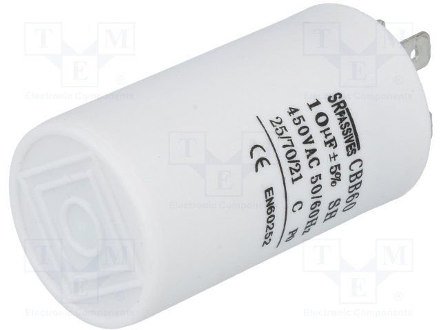 10.0/450VAC, ±5%, elektromotoru kondensators, klemes 6.3mm, 3000h, Ø35x60mm, SR PASSIVES