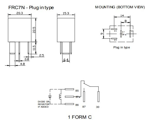Relejs DC12V, SPST-NO, 20A/14VDC, 120R(100mA), viens kontakts uz sasslēgšanu, 23x26x15.5mm, FORWARD INDUSTRIAL CO.