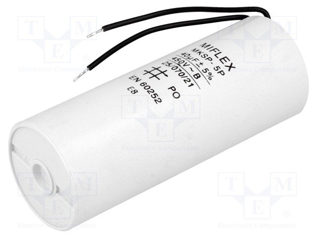 40.0/450VAC+cable elektromotoru kondensators, ±10%, Ø45x114mm, 10000h
