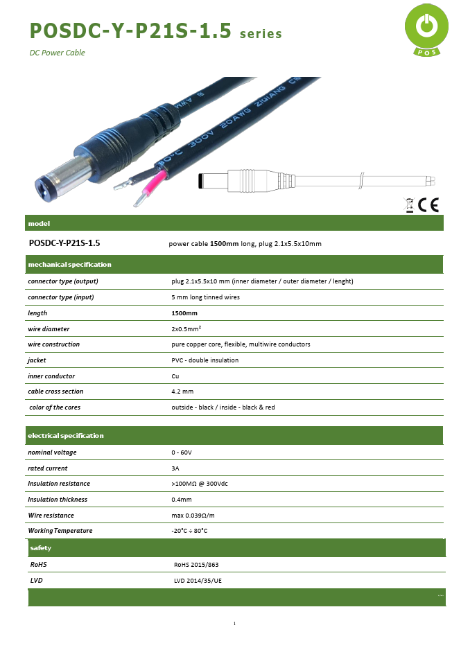 5.5*2.1mm, L=10mm, taisns štekers, 60V/3A, 0.5mm2, plakans vads, 1.5m