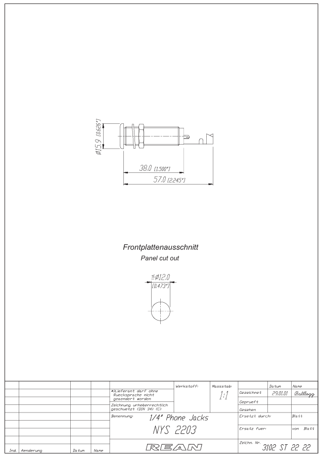 6.35mm ligzda, mono, metālisks, vadam, skrūvejamas šasijai M12, NEUTRIK