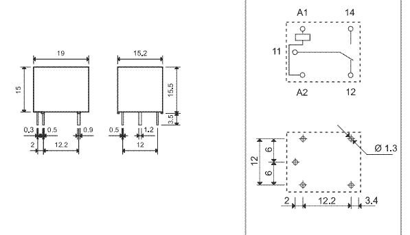 Relejs DC48V, SPDT, 10A/250VAC, 10A/30VDC, 6400Ω/7.5mA, viens kontakts uz pārslēgšanu, 19x15.5x15.5mm, FINDER