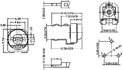 1K pieskaņošais horizontalais rezistors, 100mW, 50V, ±30%, 6.5x7x4.2mm