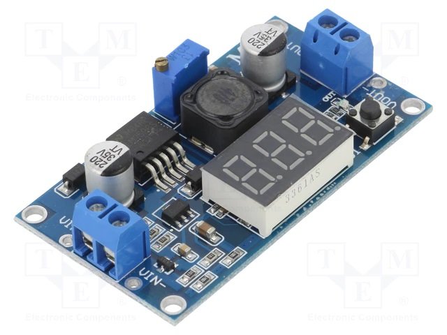 Modulis: Pārveidotājs, step down, Uie=1.25...35V, Uiz=2.5...40V, voltmeters, 61x34x12mm, LM2596S-ADJ