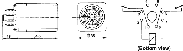 Relejs 230V/AC, DPDT, 2x10A/250VAC, 2x10A/24VDC, 7.08kΩ(31mA), divi kontakti uz pārslēgšanu, 35x35x54.5mm, RELPOL
