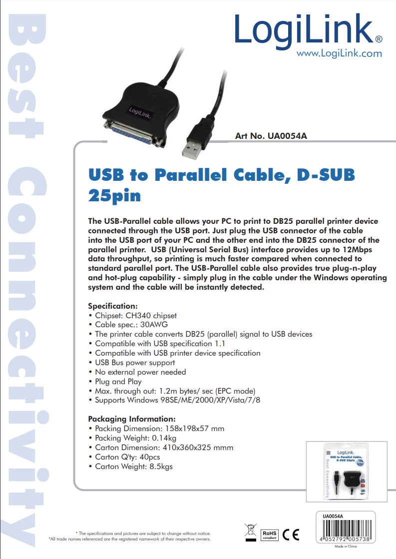 USB-A štekers/LPT (D-Sub 25pin) ligzda, konverters ar vadu, 1.8m