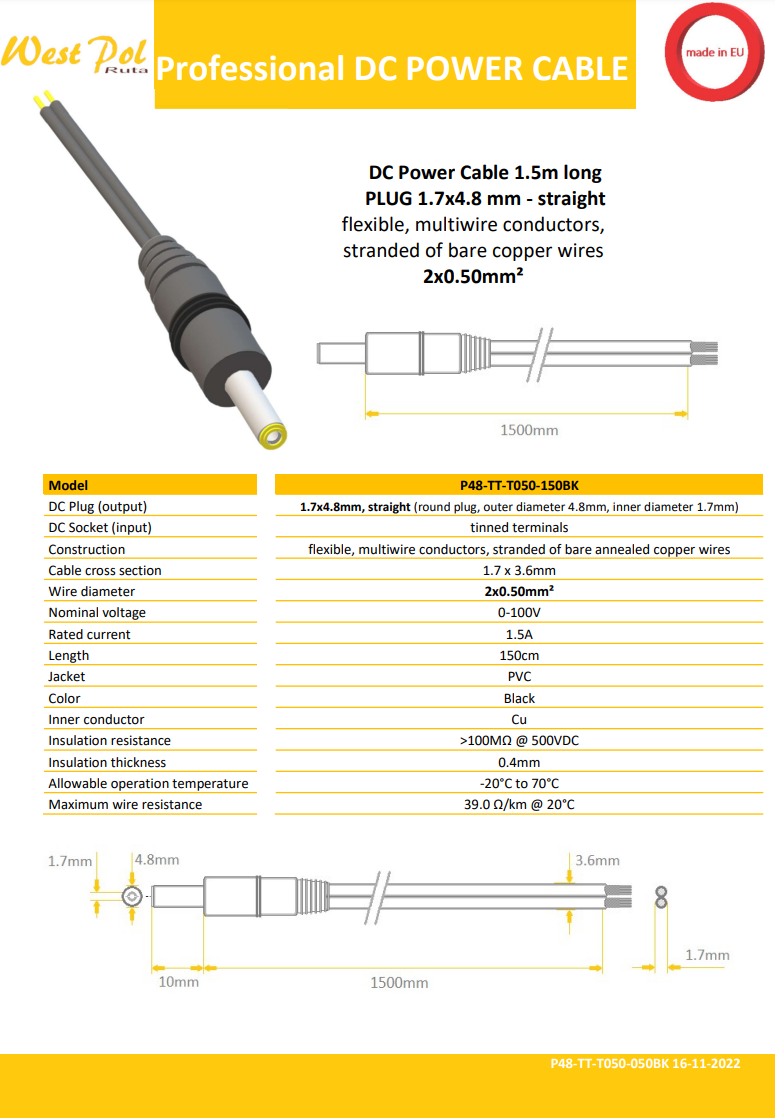 4.8*1.7mm, L=9mm, taisns štekers, 100V/1.5A, 0.5mm2, ar vadu 1.5m