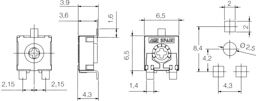 5K SMD pieskaņošais horizontalais rezistors, ±20%, 100VDC, 100mW, 6.5x6.5x3.6mm