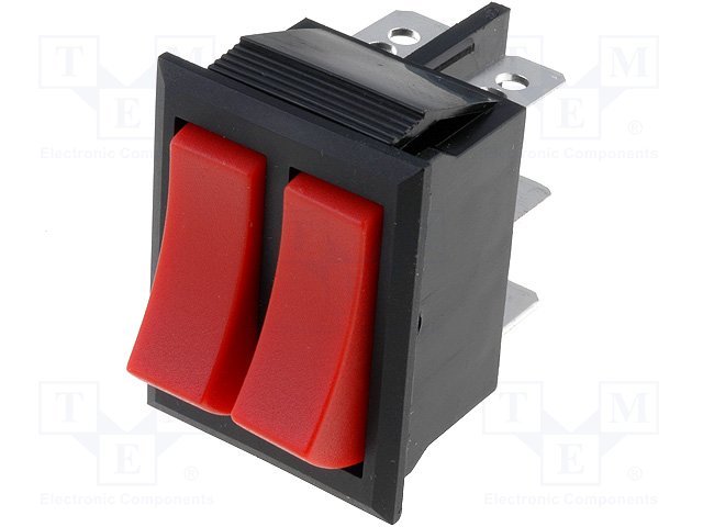 Taustiņslēdzis SPDTx2, ON-ON + ON+ON, 10A/250VAC, 32x22x26.6mm, bēz apgaism., sarkanā krasa, ar fiksāciju