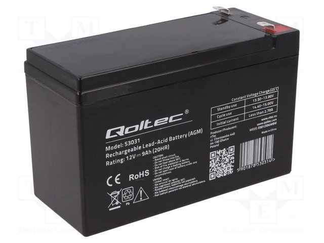 Rūpņiecības svina-skabes akumulators 12V, 9Ah, 151x65x100mm, QOLTEC, 2.29kg.