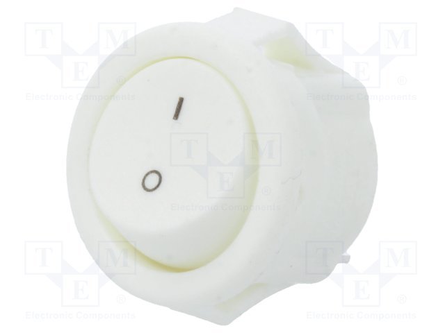 Taustiņslēdzis SPST, OFF-ON, 3A/250VAC, D=16.5mm, (I-O), balta krasa, apaļa, ar fiksāciju