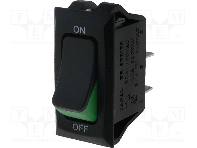 Taustiņslēdzis SPST, ON-OFF, 16A/250VAC, 16.5x32mm, melnā/zaļā krasa, ar fiksāciju
