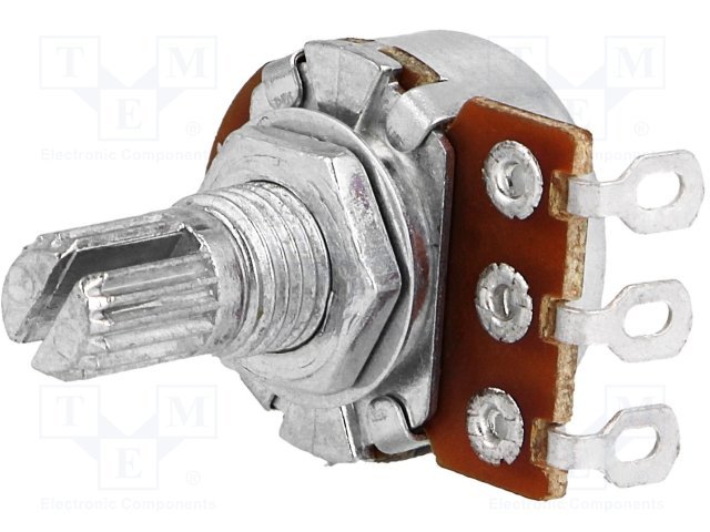100K mono, Ø17x9.2mm, D=6mm, L=9mm, 63mW, ±20%, potenciometrs ar logarimisku atkarību, lodejamie izvadi