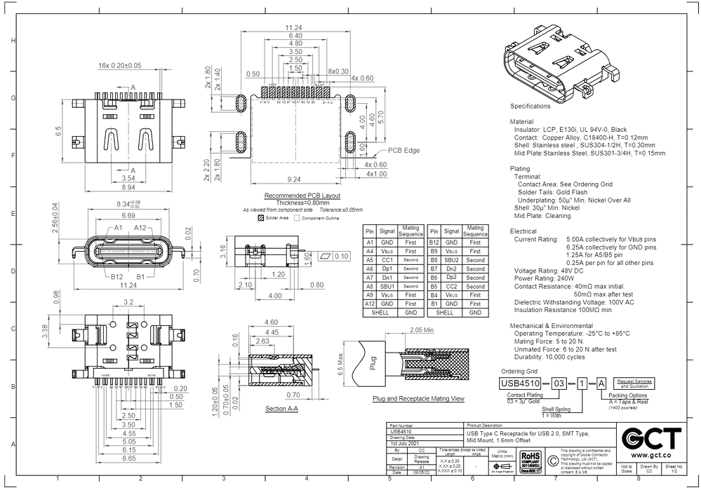 USB-C (type C), 2.0, ligzda uz šasija, SMT, vidū platei, 4 piestiprinājuma punkti, 16pin