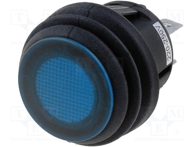 Taustiņslēdzis SPST, ON-OFF, 10A/250VAC, D=23mm, IP65, apgaism. neona lamp., zila krasa, apaļa, ģermetiska, ar fiksāciju
