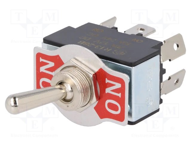 Tumblers, DPDT, ON-ON, 20A/12VDC, kontakti 6.3mm, M12, 33.2x19x19mm, ar fiksaciju