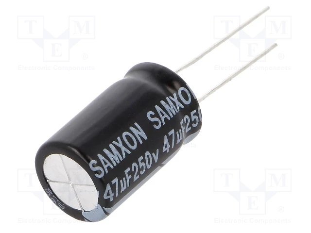47/250V, 105C, Ø12.5x20mm, ±20%, Kondensators elektrolītisks, 2000h, SAMXON, ar lokaniem izvadiem