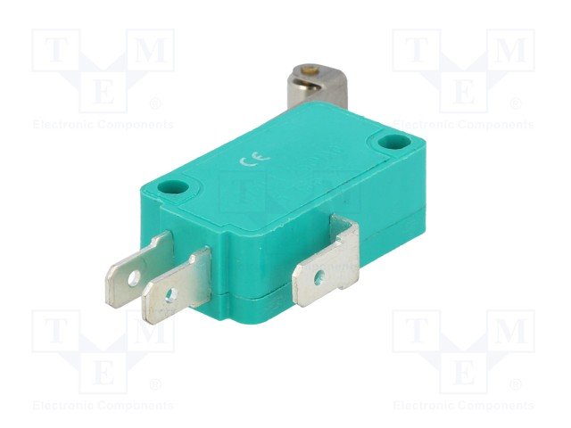 Mikropārslēdzējs ar sviru (ar ruliti) L=25mm, SPDT, ON-(ON), 10A/250VAC, IP40, 28x10.3x16mm, viens kontakts