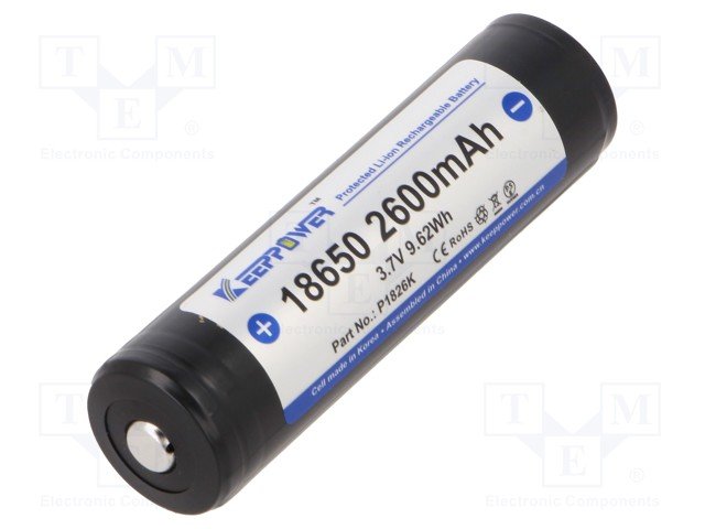 Akumulatori Li-Ion, 2600mAh, 3.7V, MR18650, 18.70x69.9mm, ar kontroleriem, 30gr.