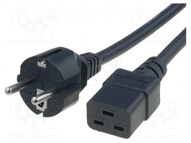 Tikla vads 250V/10A, 3x1.0 m², CEE7/7(E/F), IEC C19, 2m, melna krasa