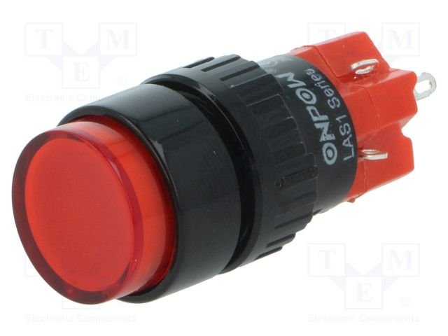 Poga M16x36mm, SPDT, ON-ON, 3A/220VAC, 2A/24VDC, IP67, LED24VAC/DC, sarkana krasa, ar fiksacijuas