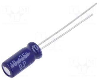 10/25V 85C, Ø5x11mm, ±20%, kondensators elektrolitiskais nepolārais II, 2000h, PANASONIC, ar lokanien izvadiem