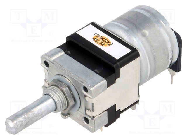 100k stereo, 50mW, ±20%; 300°, D=6, D-profils,  motorizētu potenciometrs ar linearu atkarību