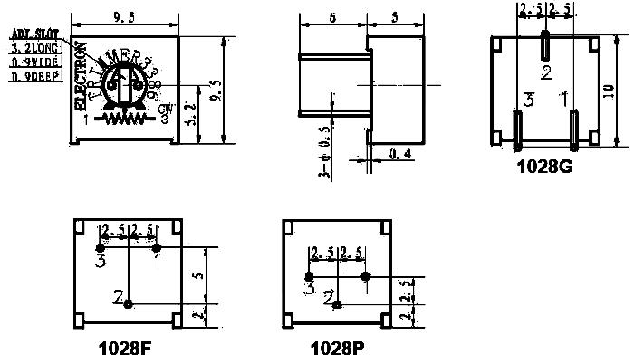 10K pieskaņošais horizontalais metalokeramisks rezistors, 10x10x5mm, 500mW