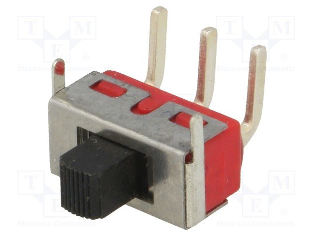 Pārslēdzējs slīdbīdņu SP3T, 5A/120VAC, 5A/28VDC, ON-OFF-ON, 12.7x6.1x6.35mm, L=5.08mm, leņķisks, viens kontakts uz trīm stāvoklim