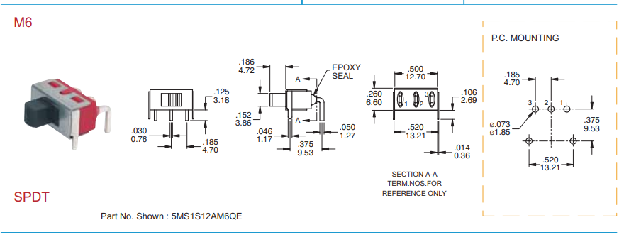 Pārslēdzējs slīdbīdņu SP3T, 5A/120VAC, 5A/28VDC, ON-OFF-ON, 12.7x6.1x6.35mm, L=5.08mm, leņķisks, viens kontakts uz trīm stāvoklim