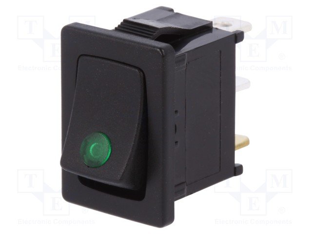 Taustiņslēdzis SPST, ON-OFF, 16A/12VDC, 21x15x16.3mm, 4.8x0.8mm, apgaism. LED12VDC, zaļa krasa, ar fiksāciju