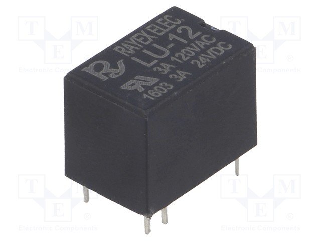 Relejs DC12V, SPDT, 3A/120VAC, 3A/24VDC, 720R(17mA), viens kontakts uz pārslēgšanu, 15.5x10.5x11.5mm, RAYEX ELECTRONICS