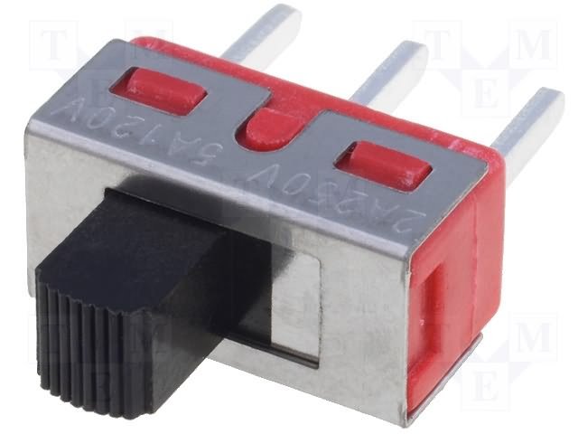 Pārslēdzējs slīdbīdņu SP3T, 5A/120VAC, 5A/28VDC, ON-OFF-ON, 12.7x6.1x6.35mm, L=5.08mm, taisns, viens kontakts uz trīm stāvoklim