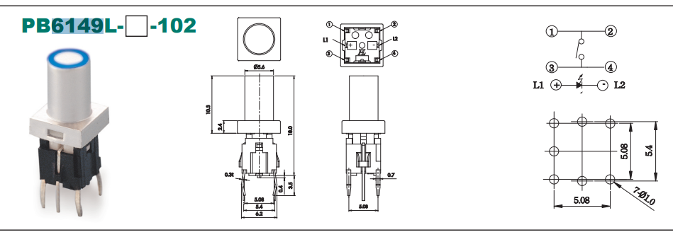 Poga SPST-NO, OFF-(ON), 0.05A/12VDC, PCB, LED3.3VDC, zils, 7.5x7.5mm, bez fiksacijas