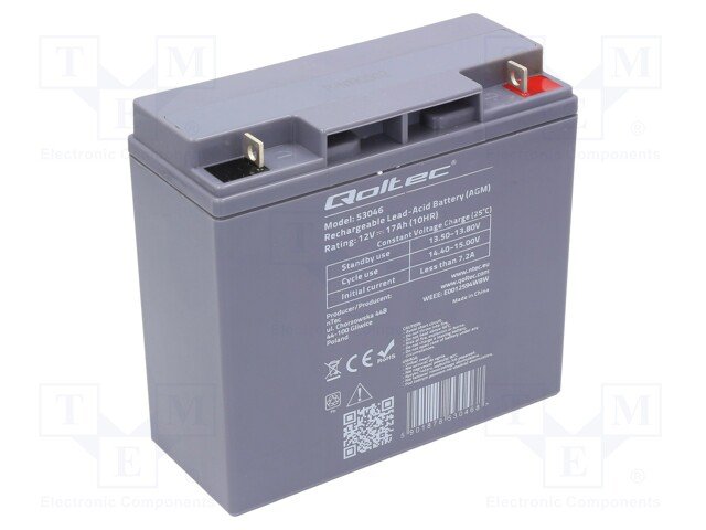 Rūpņiecības svina-skabes akumulators 12V, 18Ah, AGM, 177x75x163mm, QOLTEC