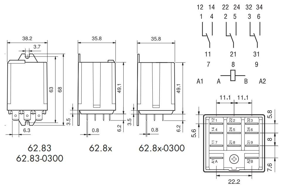 Relejs 230V/AC, 3PST-NO, 3x16A/240VAC, 7.25kΩ(31.7mA), trīs grupas uz saslēgšanu, 38.2x68x35.8mm, FINDER