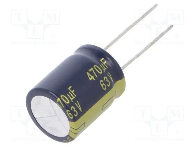 2700/25V, 105C Ø16x20mm, ±20% Kondensatori zemas induktivitātes, 10000h, PANASONIC, ar lokaniem izvadiem