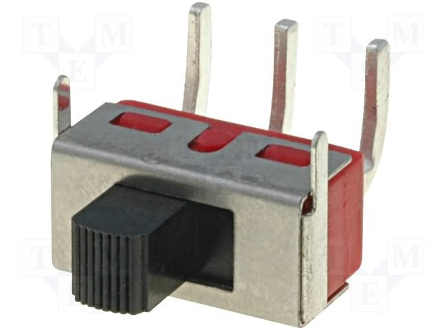 Pārslēdzējs slīdbīdņu SPDT, 5A/120VAC, 5A/28VDC, ON-ON, 12.7x6.1x6.35mm, L=5.08mm, leņķisks, viens kontakts uz divam stāvoklim