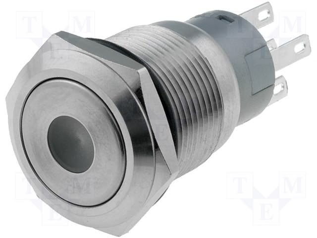 Poga M19x36mm, SPDT, ON-(ON), 0.5A/220VAC, 1A/24VDC, IP67, LED12VAC/DC, zaļa centrā, antivandala, bez fiksacijas