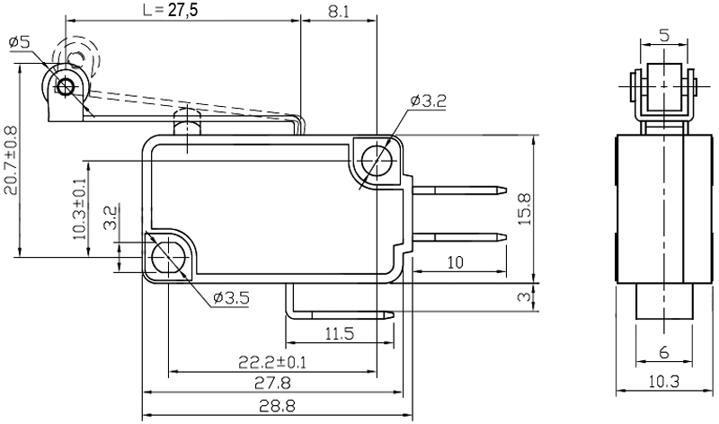 Mikropārslēdzējs ar sviru (ar ruliti) L=25mm, SPDT, ON-(ON), 10A/250VAC, IP40, 28x10.3x16mm, viens kontakts